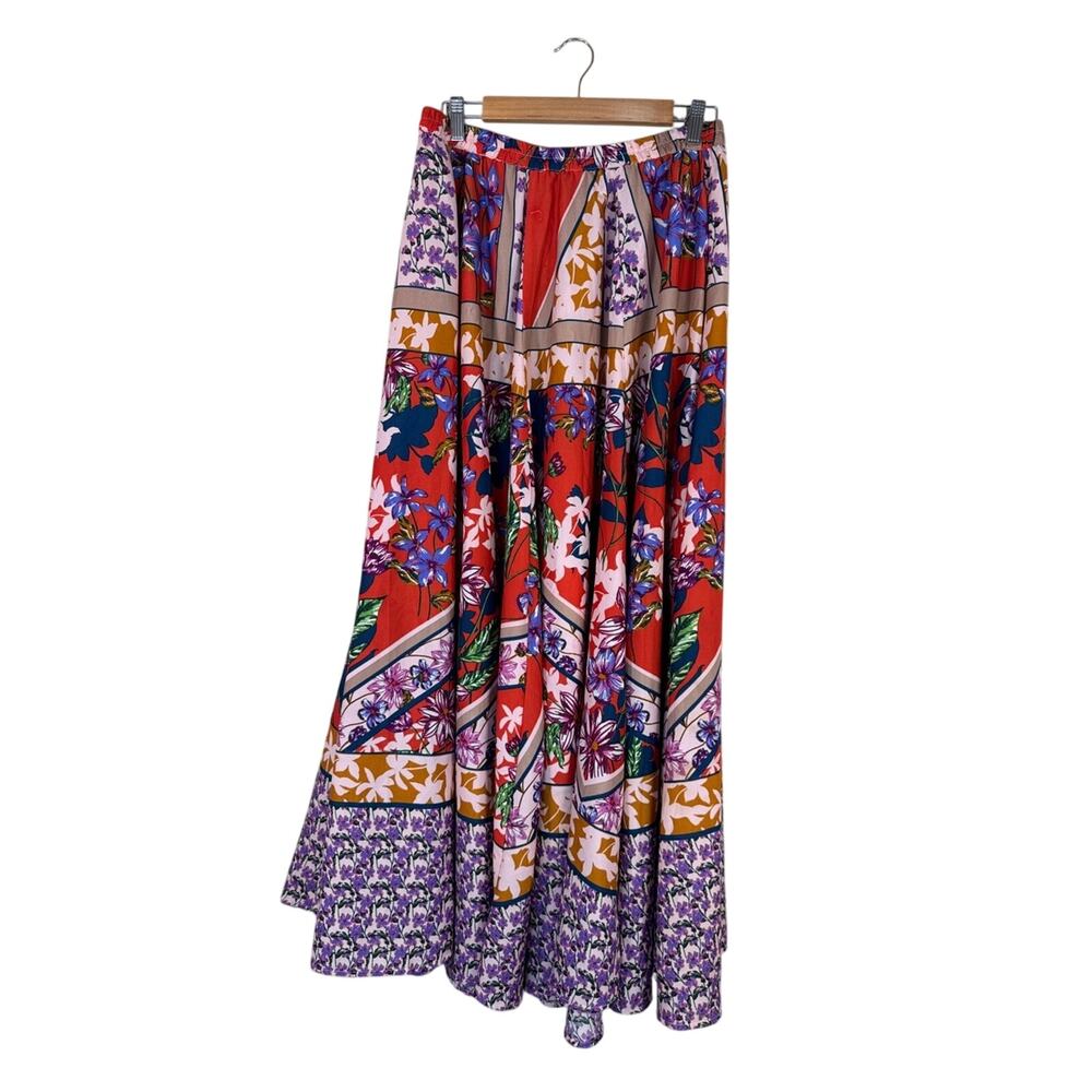 Cupio Red Purple Colorful Floral Maxi Circle Skirt Womens M Stretch Waist Casual